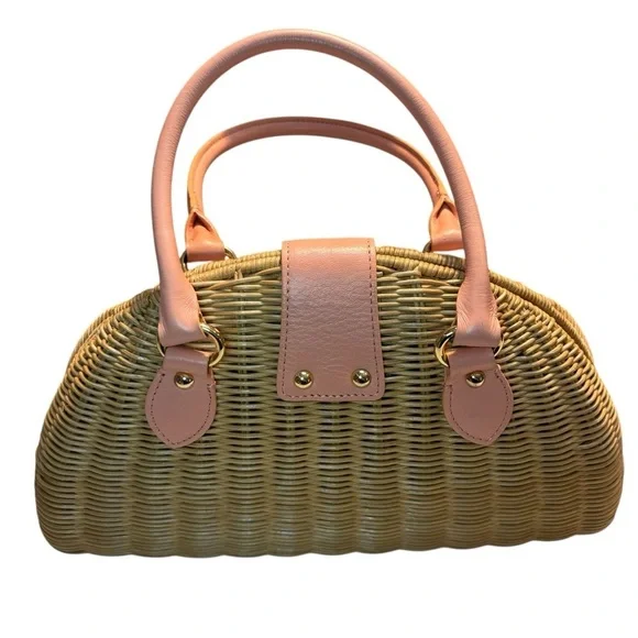 NEW Banana Republic Woven Bag Tan Rattan Pale Pink Leather Gold-tone Hardware - Picture 2 of 16